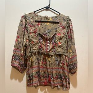 💚Tulle & Batiste Bohemian Floral Women's Blouse 3/4 sleeve Butterfly